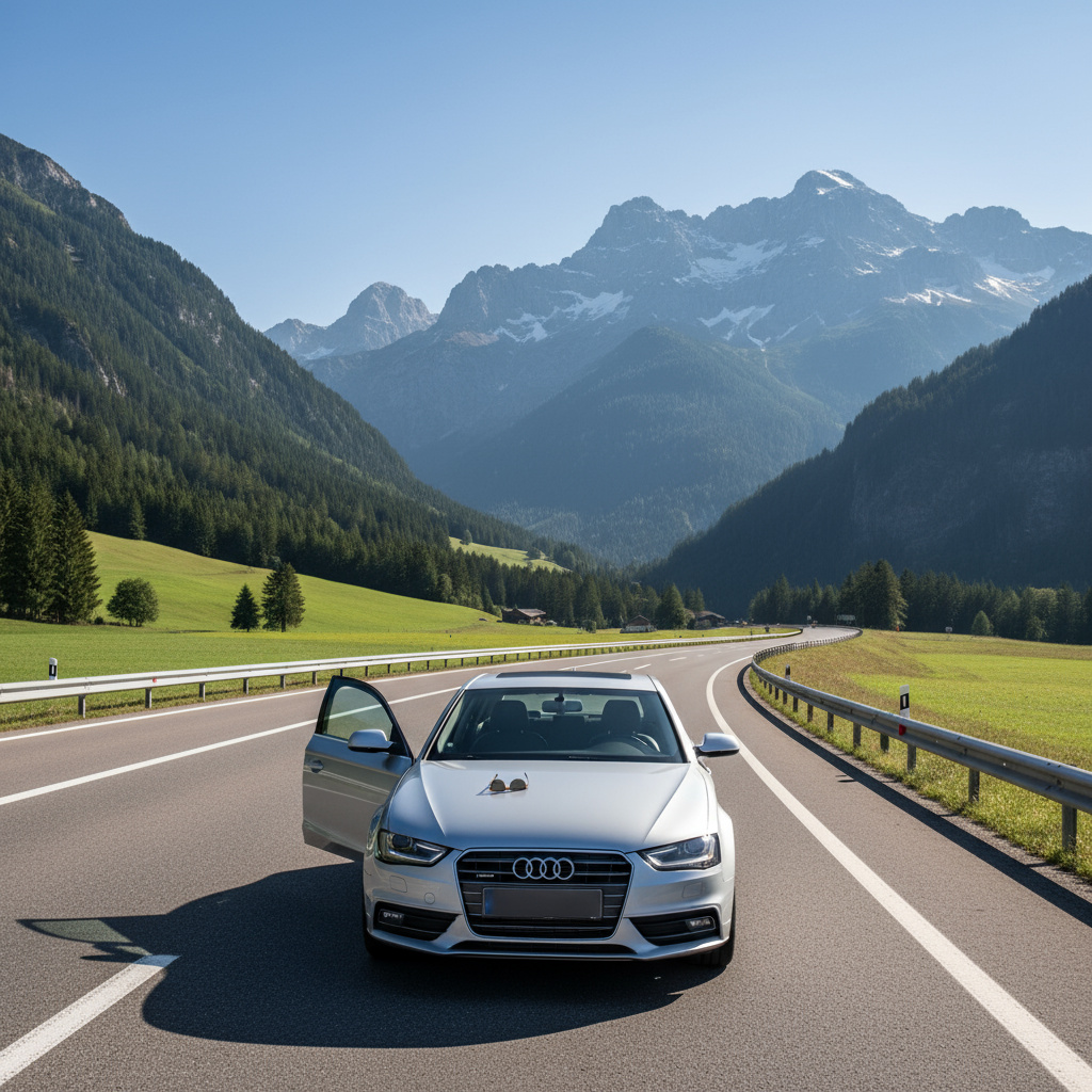 Europäische Autobahn vor alpiner Kulisse — neutrale, vertrauenswürdige Darstellung